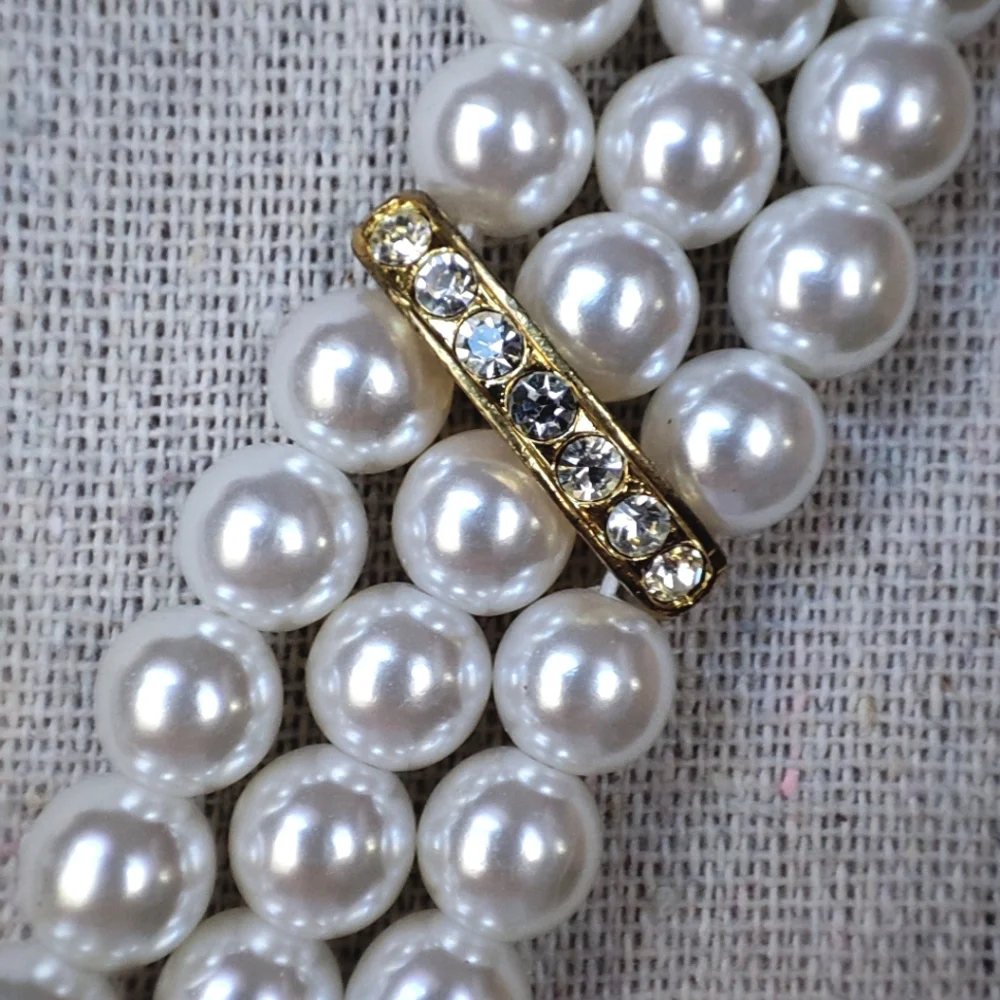 Three 3 Strand Faux Pearl Gold Tone Collar Bib Necklace Clear Rhinestones EUC